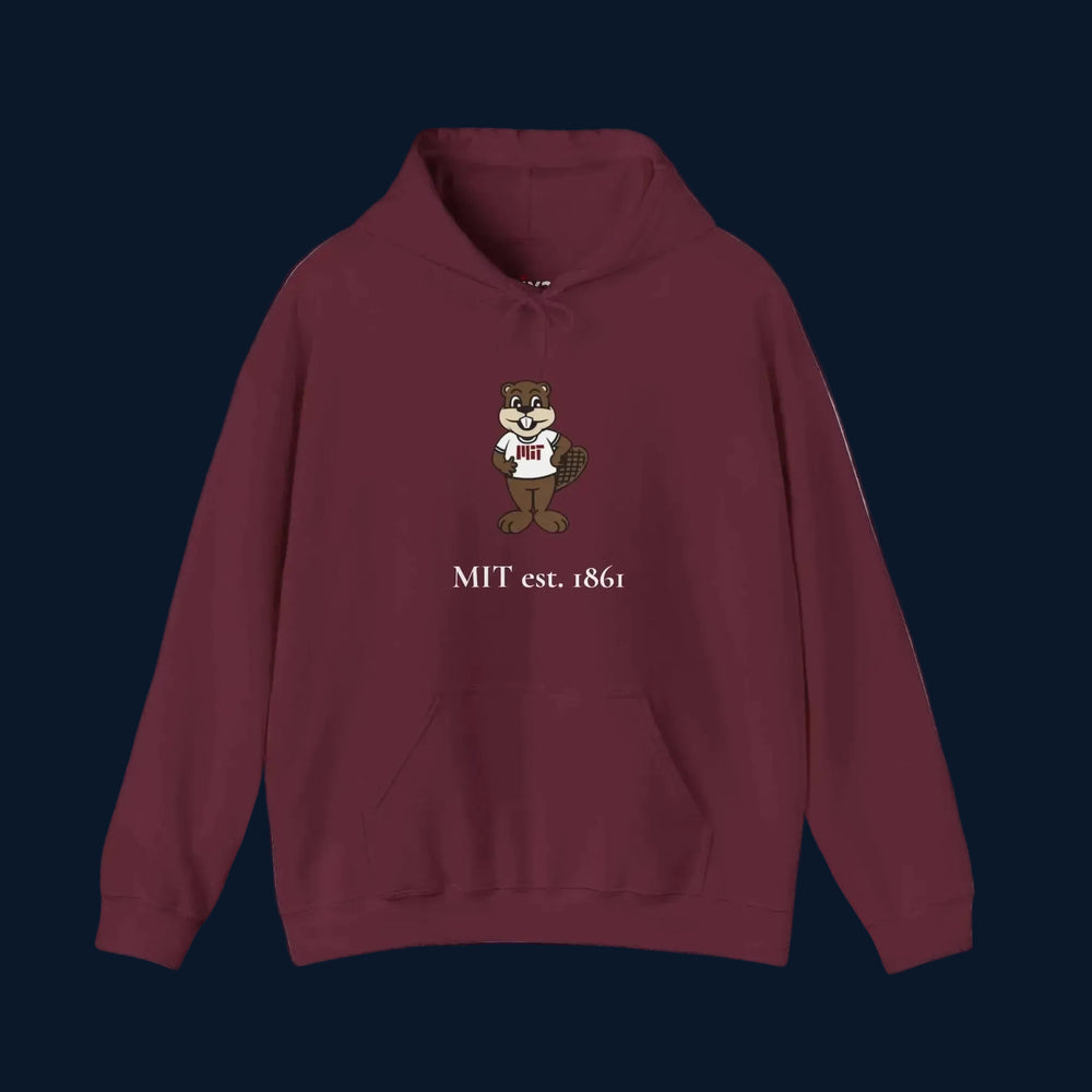 Maroon hoodie with a cartoon squirrel and 'MIT est. 1861' text on a white background