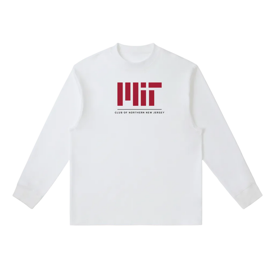 A white long-sleeve crewneck sweatshirt featuring a red graphic logo on the chest that reads 'MIT' with 'CLUB OF NORTHERN NEW JERSEY' printed underneath, displayed on a clean white background.